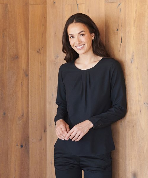 Women’s pleat front long sleeve blouse